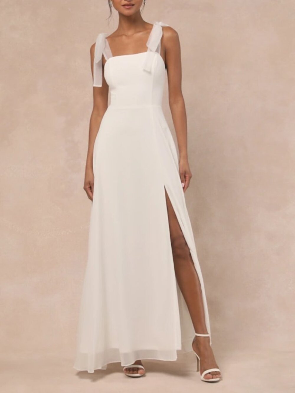 Lulus White Chiffon Tie Strap Maxi Dress Side Slit Bridal S New With Tags $118